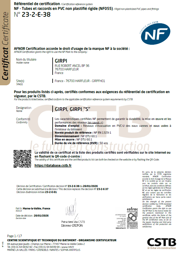 Certificat NF055 évacuation standard 23-2-E-38